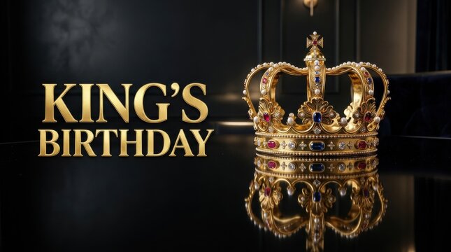 King's Birthday celebration banner, royal gold crown with jewels on black background, majestic golden typography for monarch anniversary