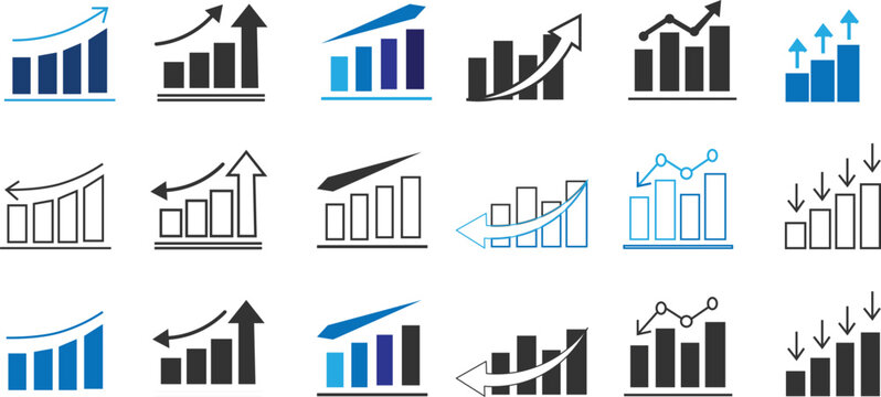 financial graph up and down movement business. Growth icon set. growth increase and decrease sign. upward or downward trend bar chart icon. Business growth and fall graph symbols
