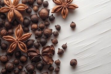 Fototapeta premium Top view of scattered black peppercorns and whole star anise on a clean white textured background surface