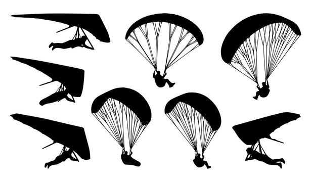 Hang gliding and paragliding silhouette set extreme flying sport black icon collection vector