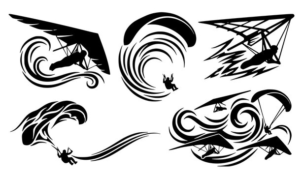 Stylized hang gliding and paragliding silhouettes with motion shapes extreme sport vector illustration set