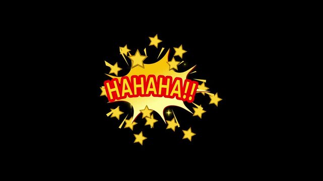 Comic style hahaha text animation with pop art explosion, colorful speech bubble, bold action typography with star bursts and dynamic cartoon motion on black background in 4K