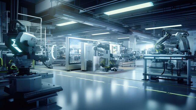 Industrial robots and automated machinery working in a clean, high tech manufacturing facility, symbolizing progress, efficiency, and the future of production
