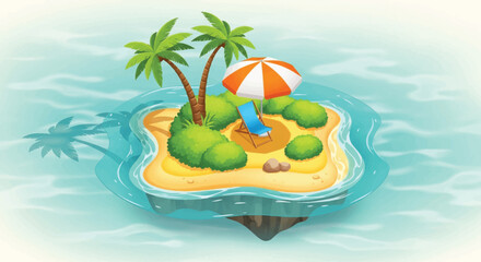 Tropical island, cartoon palm trees, beach umbrella, vector illustration, summer vacation, paradise getaway
