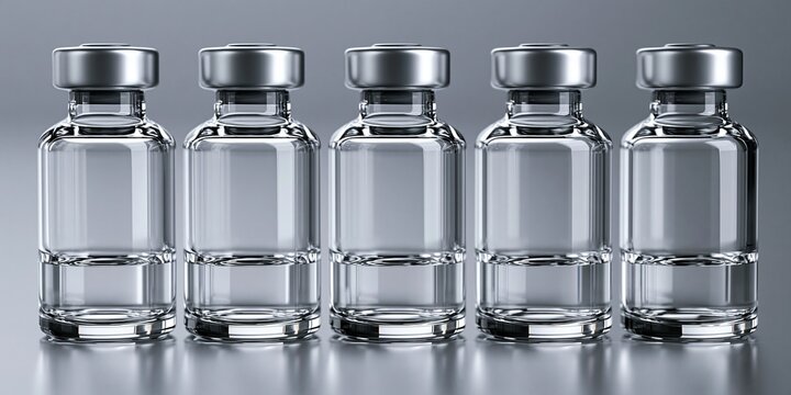 Five empty clear glass medical vials with silver aluminum caps arranged in row on reflective gray background showing pharmaceutical vaccine injection and medical packaging concept