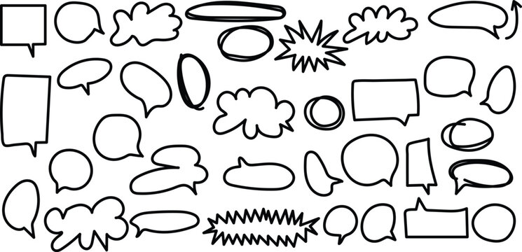 Collection of hand drawn black speech bubbles and thought bubbles on white background comic cartoon dialogue