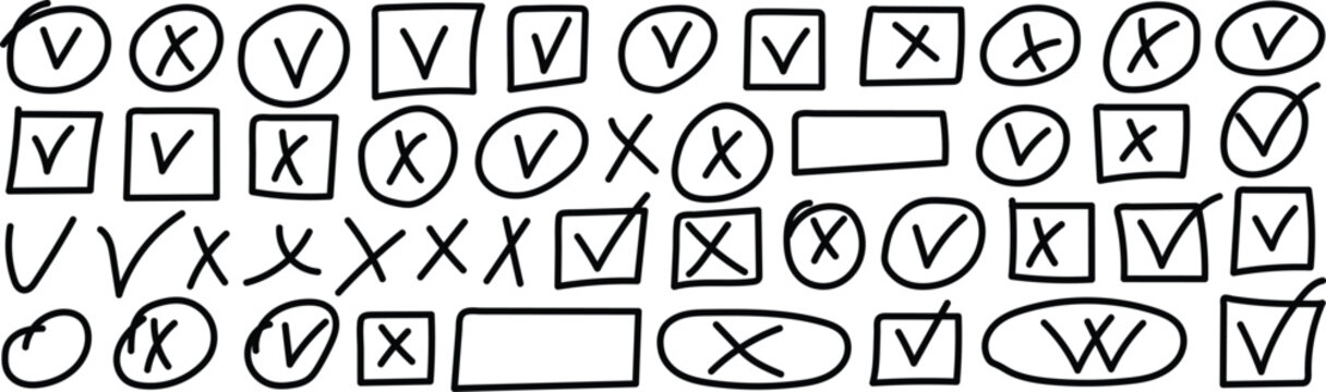 Hand drawn check marks and crosses in circles and squares x mark tick correct