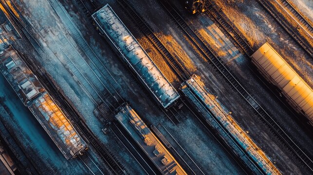 Freight trains parked on multiple parallel railway tracks, reflecting warm golden hour sunlight and creating long shadows across the industrial transportation hub