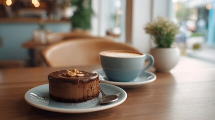 Obraz premium Cozy indoor scene featuring a rich chocolate dessert and a perfect cup of cappuccino on a rustic wooden table
