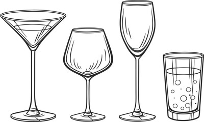 A set of transparent wine and champagne glasses stands clean and empty on a white isolated background reflecting clear crystal glassware perfect for a restaurant bar or party beverage © kakoli046