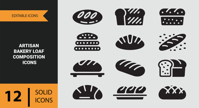 Artisan bakery bread loaf composition vector icon set