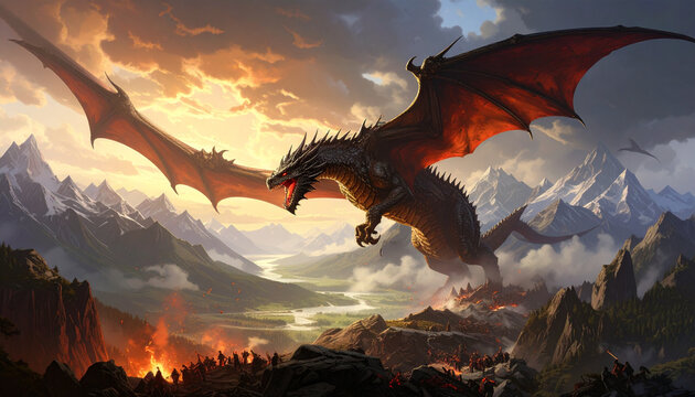 Flying dragon against dramatic landscape