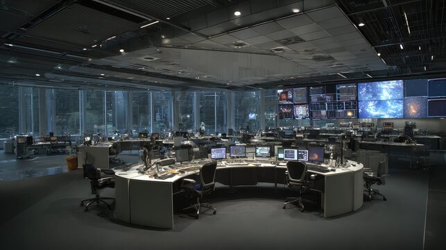 Control room with multiple workstations and large display screens features a wall of data visualizations and global monitoring, highlighting concepts of technology, connectivity, and communication