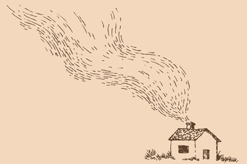 Naklejka premium Minimalist vintage sketch of small house with chimney and long trail of smoke or wind. Rustic hand drawn vector illustration of lonely cottage in field