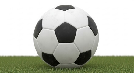 Obraz premium A classic black and white soccer ball standing prominently on a patch of vibrant green grass, isolated against a clean white background.