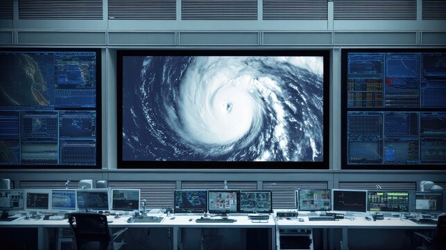 Command center displaying satellite tracking of a powerful storm, with numerous screens actively monitoring meteorological data, charts, and maps for critical analysis and forecasting