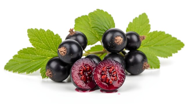 A small sprig of blackcurrants with leaves, some berries whole and one cut open, on white.