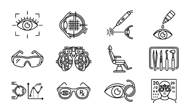 Essential eye care and vision health outline icon set with optometry tools retina scan and laser surgery symbols