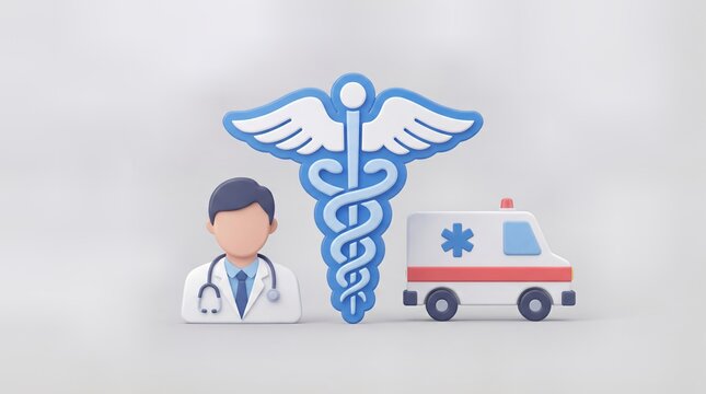 Medical Healthcare Concept with Doctor Caduceus and Ambulance 3D Icons