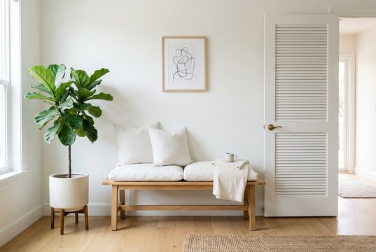 Minimalist entryway with fiddle leaf fig plant and wooden bench.