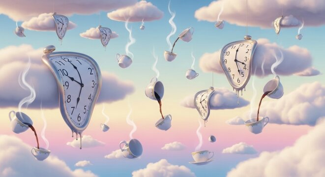 A whimsical and surreal sky scene featuring numerous melting clocks and steaming teacups floating amidst soft, fluffy clouds in a dreamlike pastel atmosphere.
