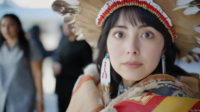 A young female wearing a traditional indigenous headdress and accessories, gazing towards the horizon with a thoughtful expression.