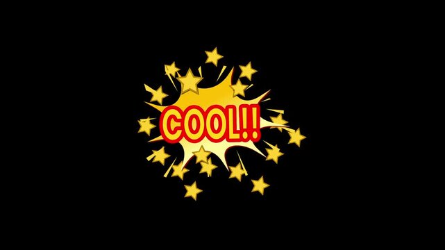 Pop art comic explosion animation with cool bold text, colorful speech bubble burst with glowing star effects and dynamic retro cartoon motion on black screen background in 4K