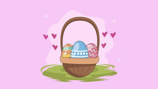 Animated easter eggs basket with colorful patterns and floating pink hearts on pastel background for spring holiday celebration.