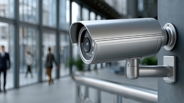 Modern surveillance camera installed in a corporate office lobby with glass walls and employees walking through a minimalistic design