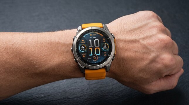 Sleman, ID - May 6, 2026: close up a guy model wear sport watch Garmin Fenix 8 Amoled
