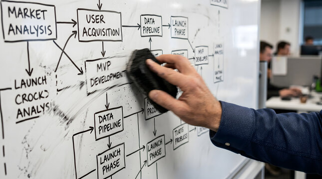 A businessman erases a flowchart from a whiteboard in a modern office; agile development, pivot strategy, and project management optimization. AI generated.