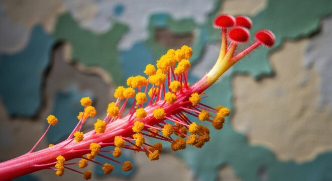 Close-up Macro View of Vibrant Yellow Hibiscus Pollen Grains on Red Stamens