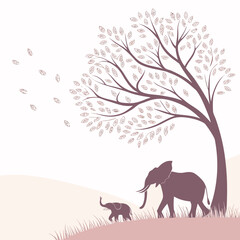 Pink elephant family under tree with birds © Manna