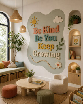 Scandinavian Kids Playroom with Inspirational Wall Quote and Cozy Reading Area