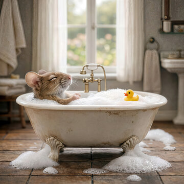 A mouse enjoying a bubble bath in a vintage tub with a yellow rubber duck
