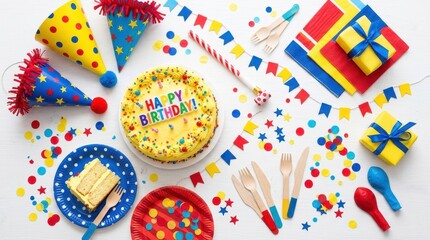 Fototapeta premium Festive birthday party setup with cake, gifts, hats, and confetti on a white background