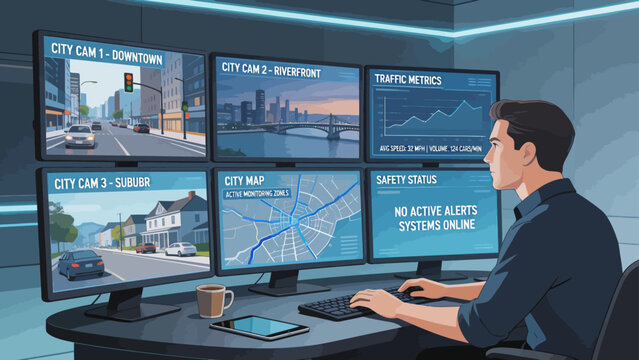 Man monitoring city traffic on computer screens