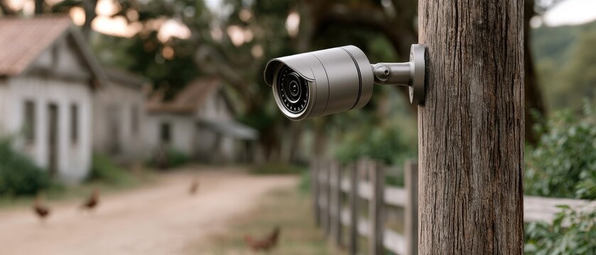 Surveillance camera overlooks rural village at sunset with dirt road, old houses, and chickens wandering around