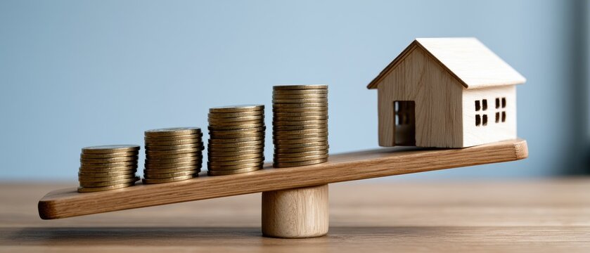 Wooden seesaw balances a house and stacks of gold coins on a light brown wooden table in front of a plain light blue background