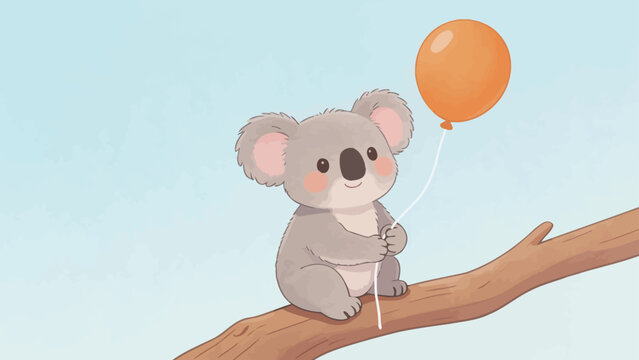 Cute koala on tree branch with balloon