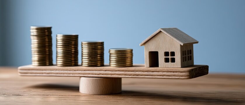 Wooden seesaw balancing a miniature house against stacks of gold coins on a light brown table with a blue background