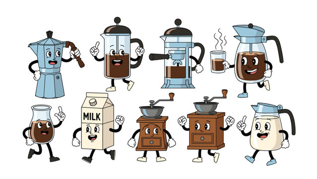 Quirky collection of retro cartoon characters depicting various coffee-making tools and a milk carton, all with arms, legs, and cheerful faces.