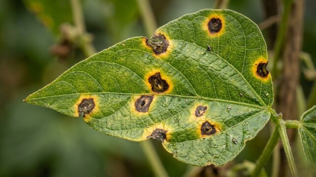 Leaf showing bacterial spot disease with circular lesions and yellow halos, highlighting plant infection symptoms in detailed macro photography.
