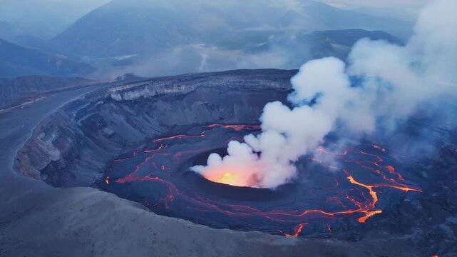 Powerful eruption with lava flowing from the volcano's vent, creating a dramatic scene in nature.