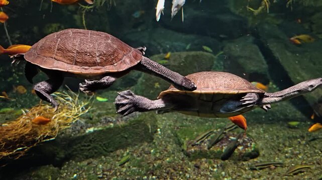Close up of a couple of snake neck turtles swimming together in a river underwater