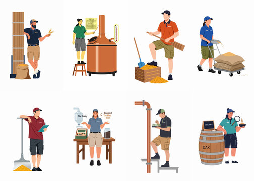 Flat vector illustration set of brewery workers and the beer malting production process, including harvesting, malting, roasting, and quality control stages.