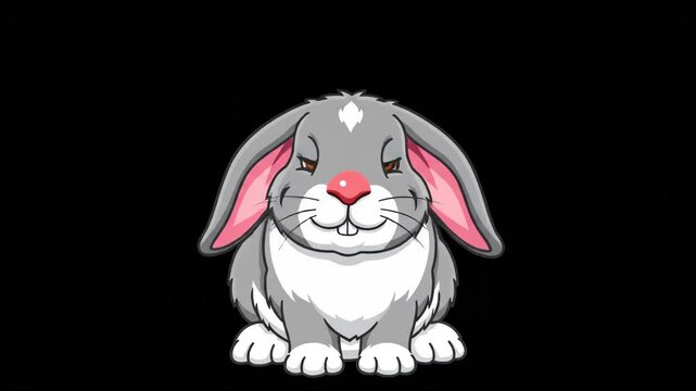 Cute cartoon rabbit illustration of a grey and white bunny smiling on a black background ideal for children's content and animal-themed animations.