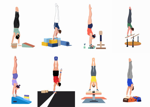 Set of diverse gymnasts performing handstands on various professional gymnastics equipment, including parallel bars, pommel horse, and training blocks.