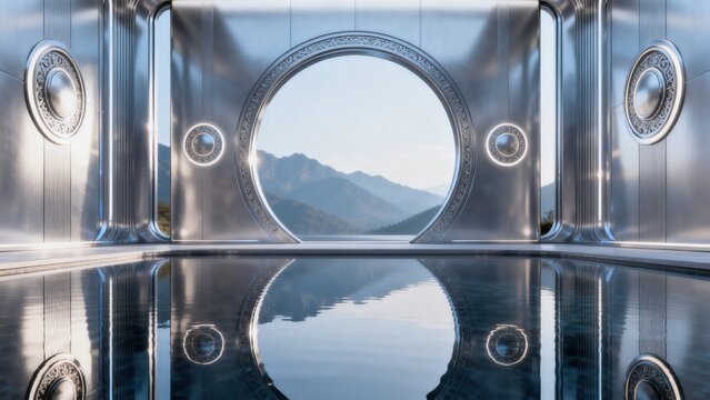 Futuristic metallic room with mountain view