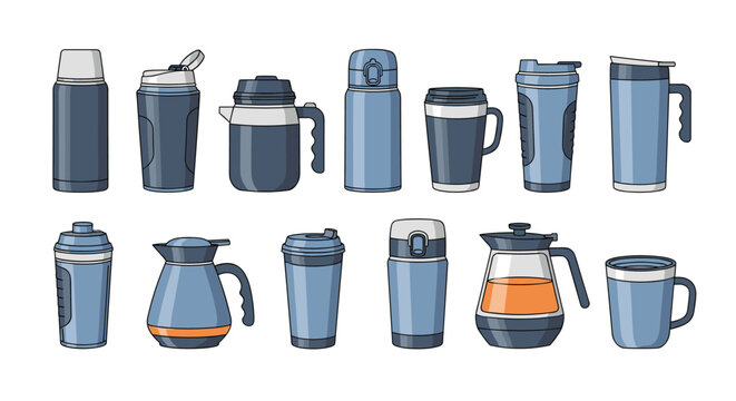 Variety of insulated water bottles travel mugs and thermos flasks in shades of blue for hydration and beverage temperature control.